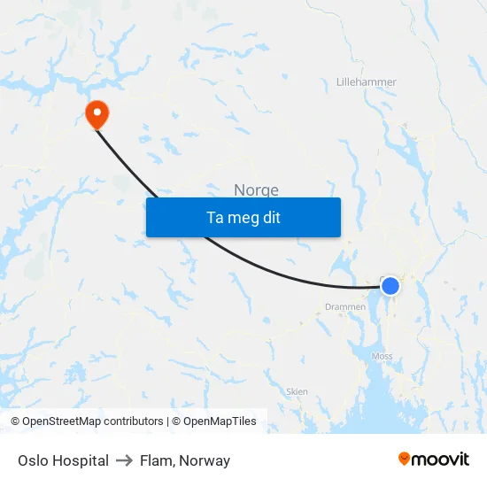 Oslo Hospital to Flam, Norway map