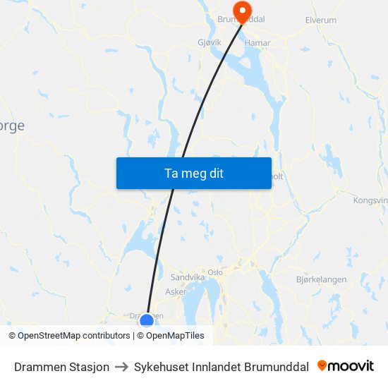 Drammen Stasjon to Sykehuset Innlandet Brumunddal map