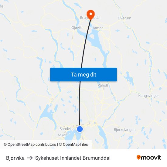 Bjørvika to Sykehuset Innlandet Brumunddal map