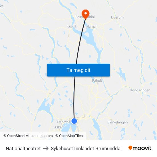 Nationaltheatret to Sykehuset Innlandet Brumunddal map