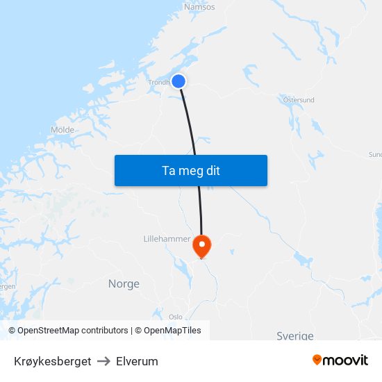 Krøykesberget to Elverum map
