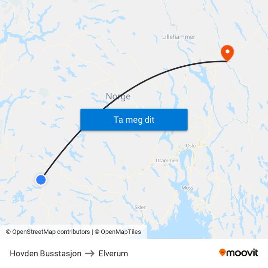 Hovden Busstasjon to Elverum map