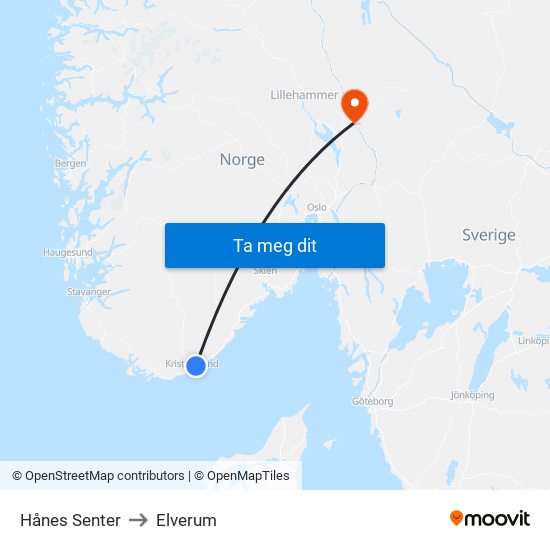 Hånes Senter to Elverum map