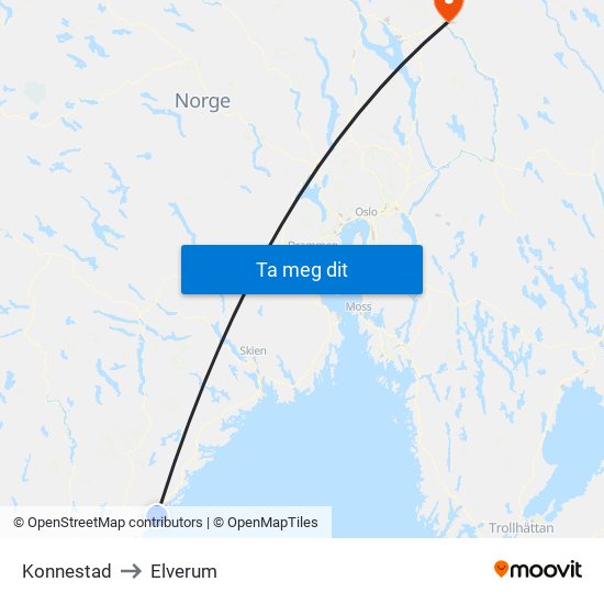 Konnestad to Elverum map