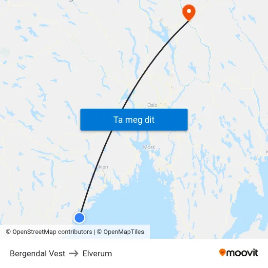 Bergendal Vest to Elverum map