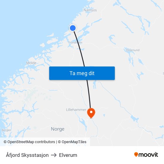 Åfjord Skysstasjon to Elverum map