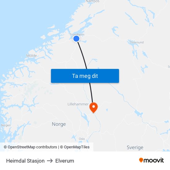 Heimdal Stasjon to Elverum map