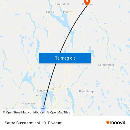 Sætre Bussterminal to Elverum map