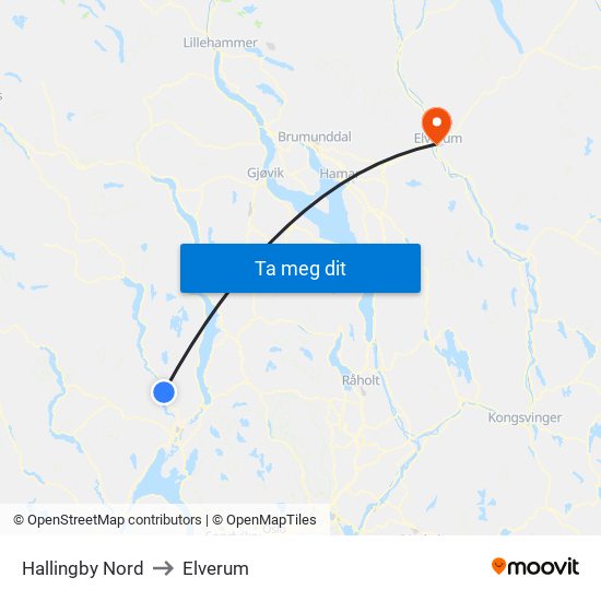 Hallingby Nord to Elverum map
