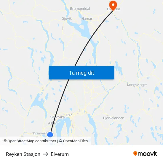 Røyken Stasjon to Elverum map