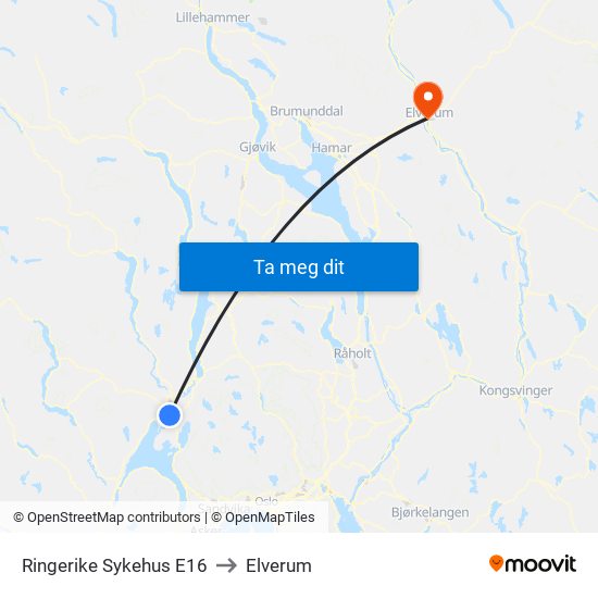 Ringerike Sykehus E16 to Elverum map