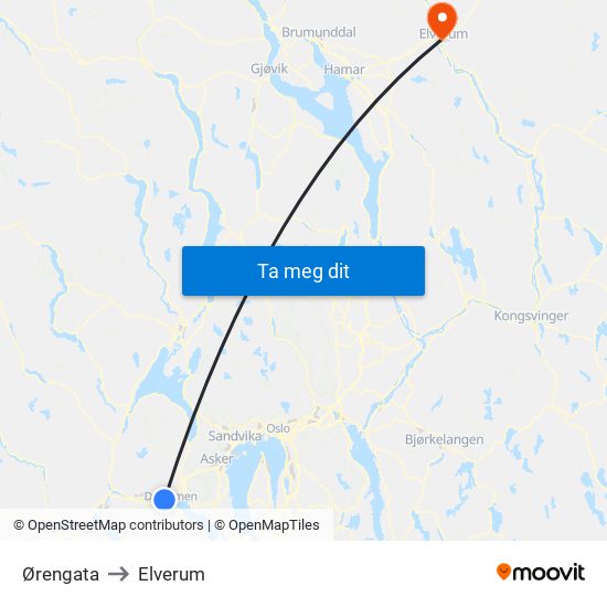 Ørengata to Elverum map