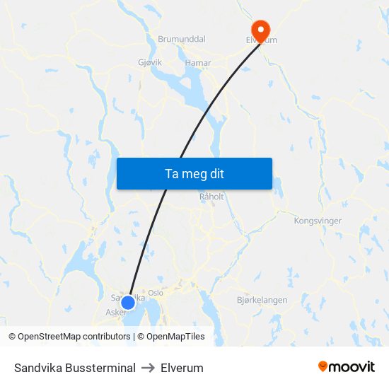 Sandvika Bussterminal to Elverum map