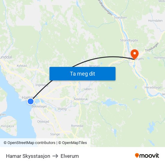 Hamar Skysstasjon to Elverum map
