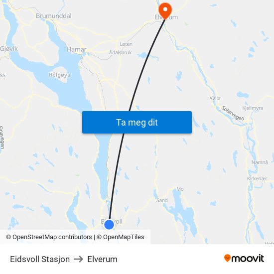 Eidsvoll Stasjon to Elverum map