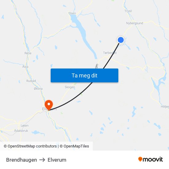 Brendhaugen to Elverum map