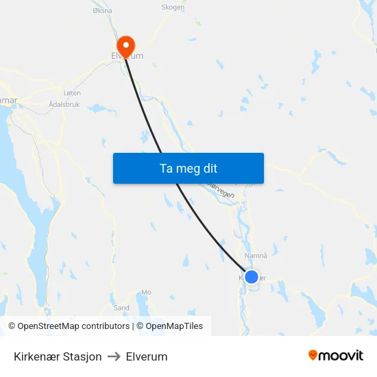 Kirkenær Stasjon to Elverum map