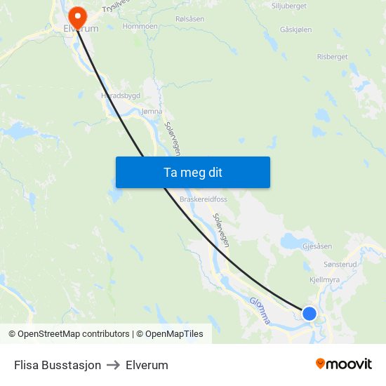 Flisa Busstasjon to Elverum map