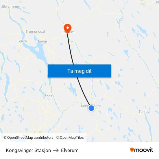 Kongsvinger Stasjon to Elverum map