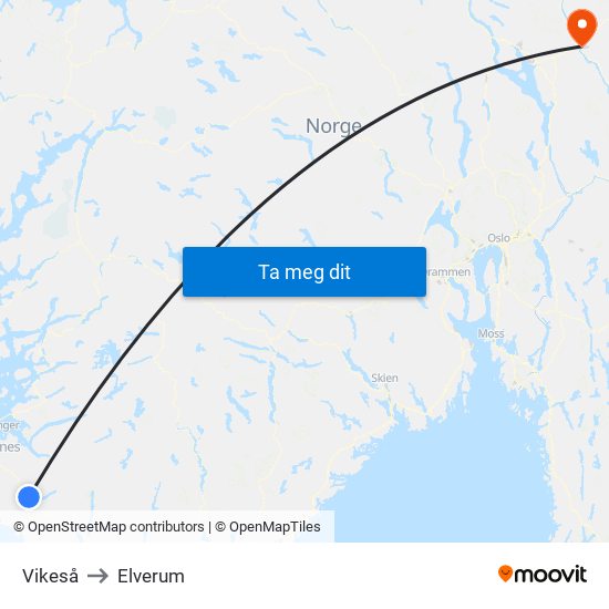 Vikeså to Elverum map