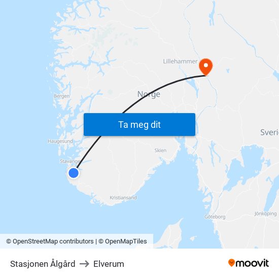 Stasjonen Ålgård to Elverum map