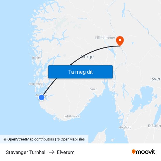 Stavanger Turnhall to Elverum map