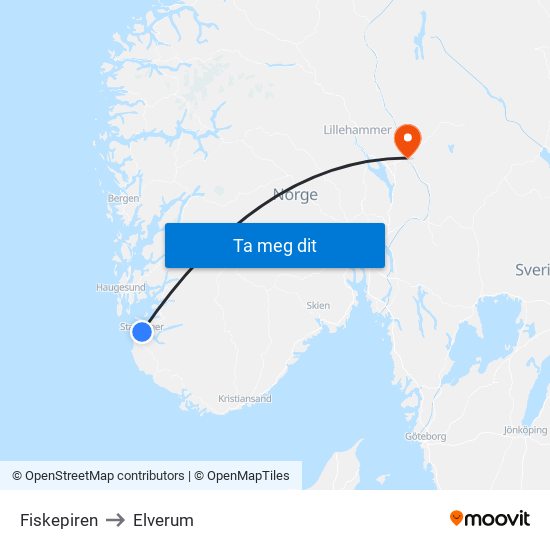 Fiskepiren to Elverum map