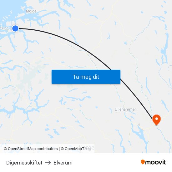 Digernesskiftet to Elverum map