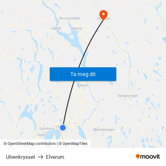 Ulvenkrysset to Elverum map