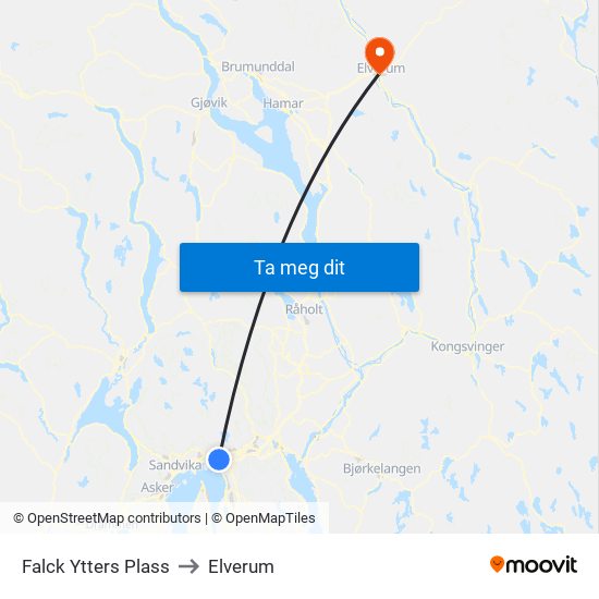 Falck Ytters Plass to Elverum map