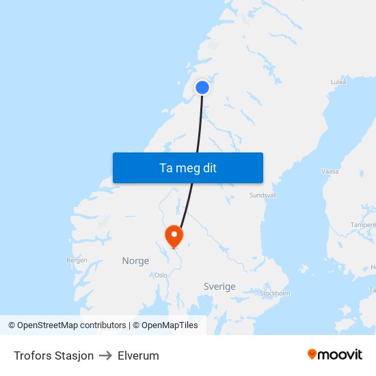 Trofors Stasjon to Elverum map