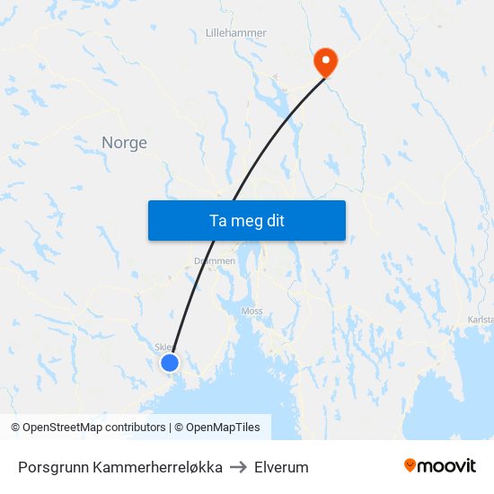 Porsgrunn Kammerherreløkka to Elverum map