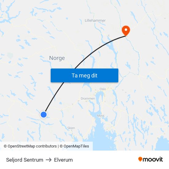 Seljord Sentrum to Elverum map