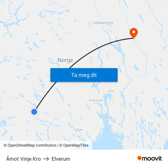 Åmot Vinje Kro to Elverum map