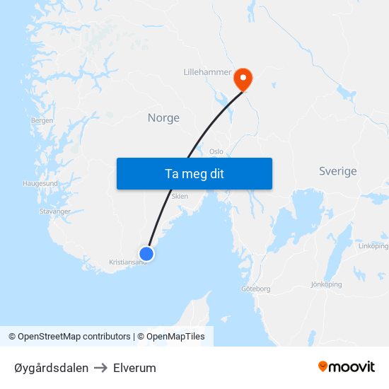 Øygårdsdalen to Elverum map