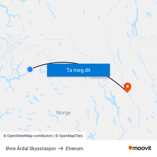 Øvre Årdal Skysstasjon to Elverum map