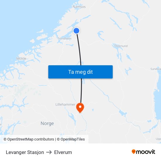 Levanger Stasjon to Elverum map
