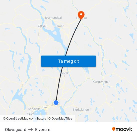 Olavsgaard to Elverum map