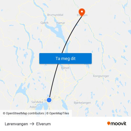 Lørenvangen to Elverum map