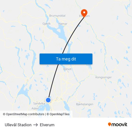 Ullevål Stadion to Elverum map