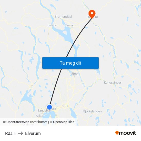 Røa T to Elverum map