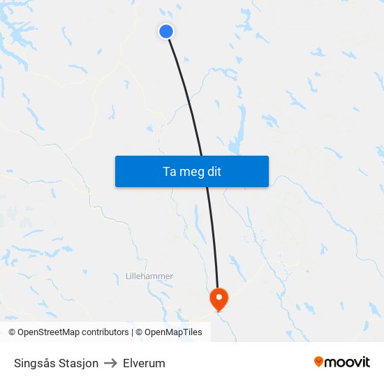 Singsås Stasjon to Elverum map