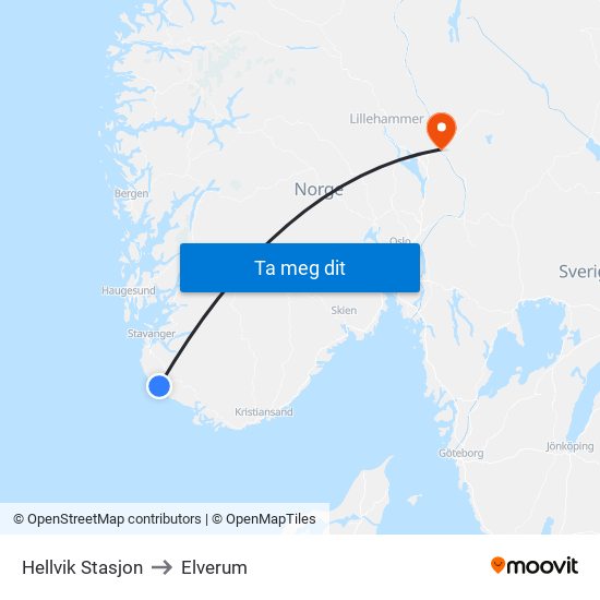 Hellvik Stasjon to Elverum map