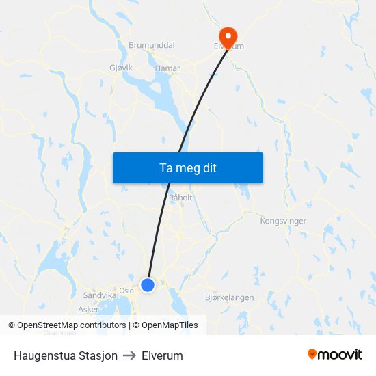 Haugenstua Stasjon to Elverum map