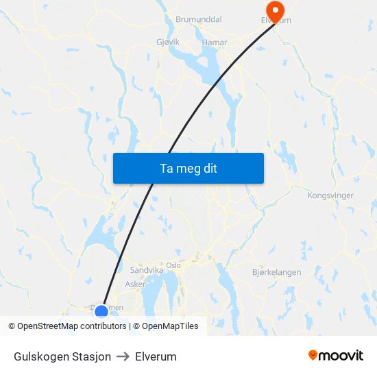 Gulskogen Stasjon to Elverum map
