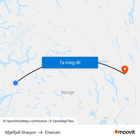 Mjølfjell Stasjon to Elverum map