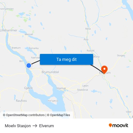 Moelv Stasjon to Elverum map
