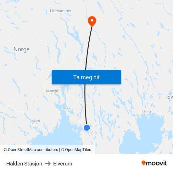 Halden Stasjon to Elverum map
