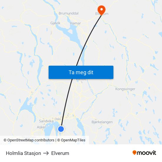 Holmlia Stasjon to Elverum map