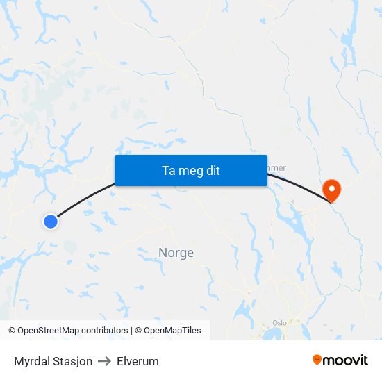 Myrdal Stasjon to Elverum map